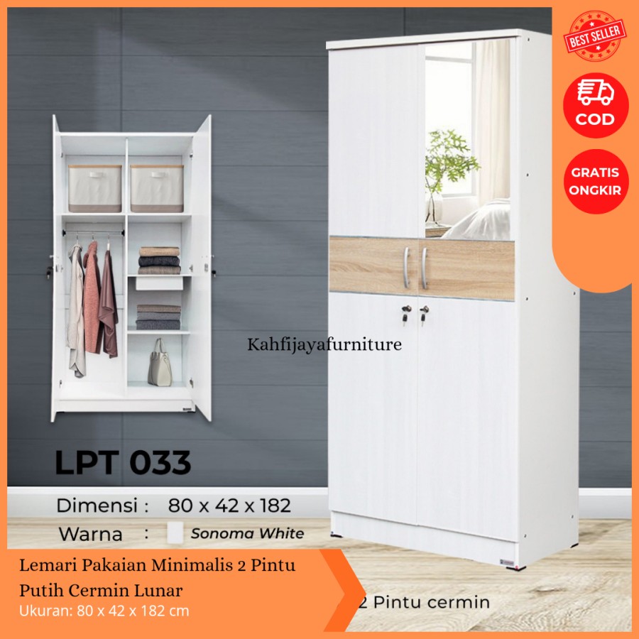Lemari Pakaian Minimalis 2 Pintu Putih Cermin Lunar