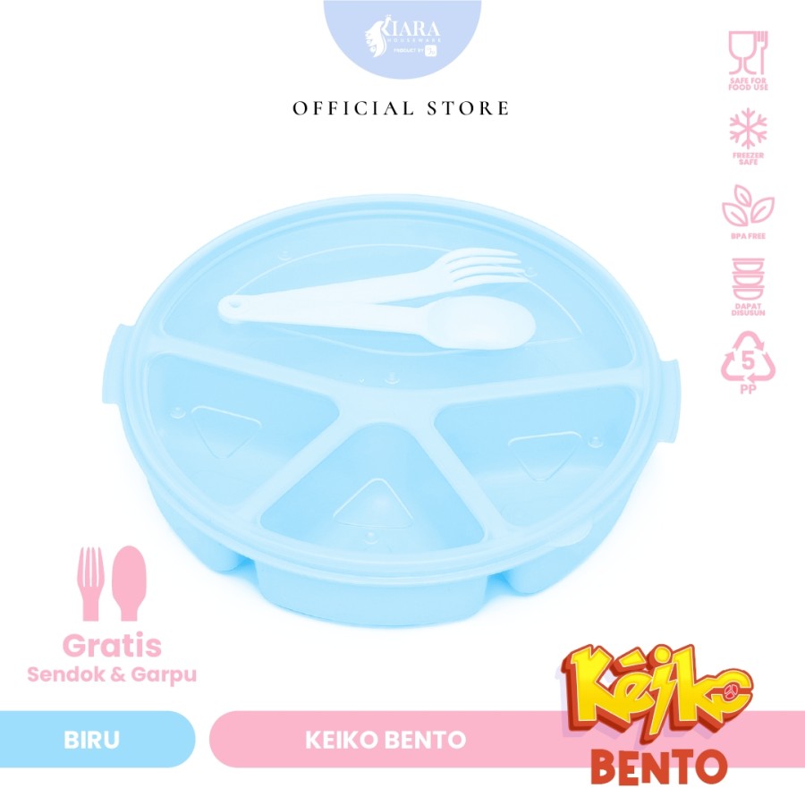 CJP Kiara - Keiko Lunch Box Bulat Bekal Anak Sekat 3 Free Sendok Garpu