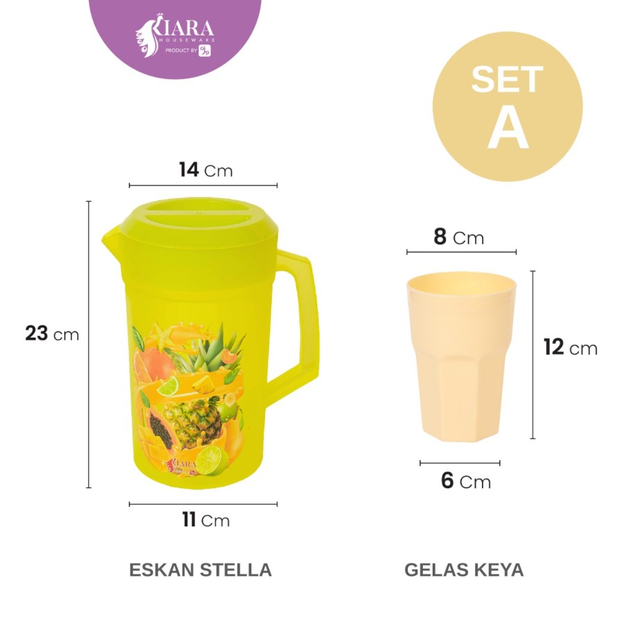 CJP Kiara Teko Air Minum Eskan Stella Plastik 2,1L Set Gelas Keya 4Pcs