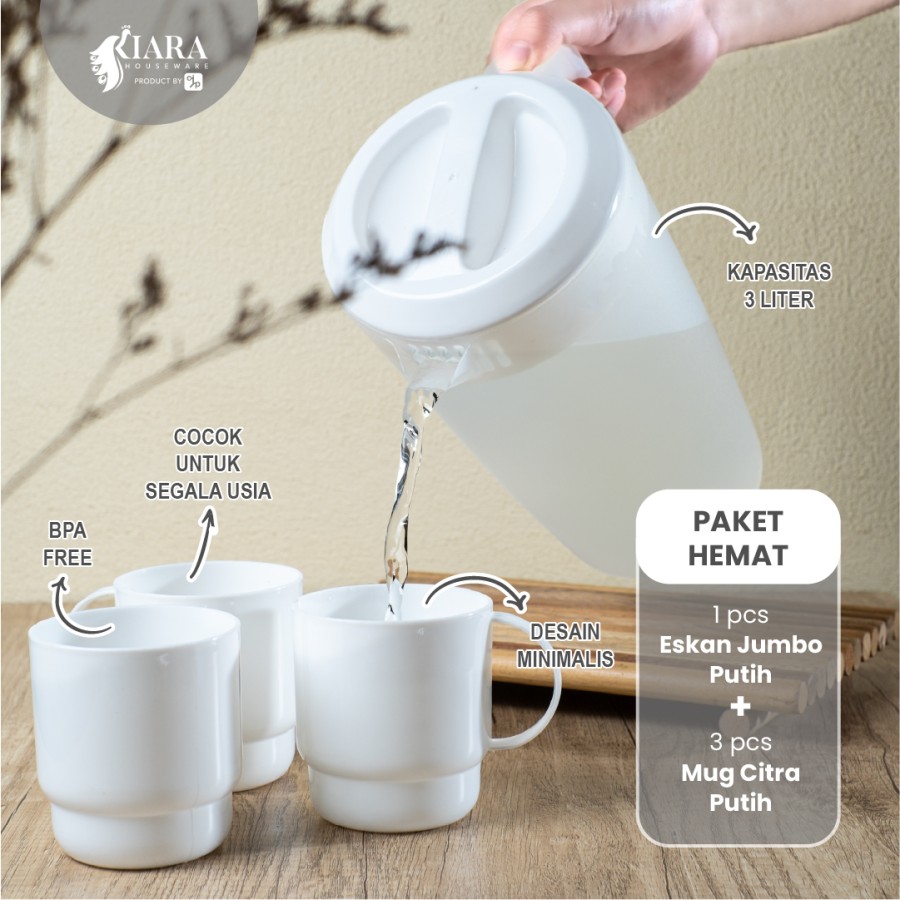 Paket Hemat Eskan/Teko Jumbo ukuran 3L dan Mug Citra Putih - Putih