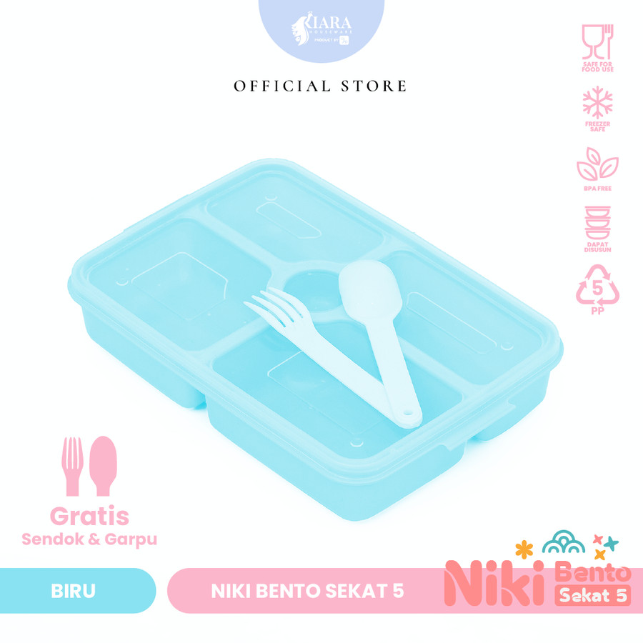 CJP Kiara Kotak Makan Niki Bento Box Sekat 5 Free Sendok Garpu