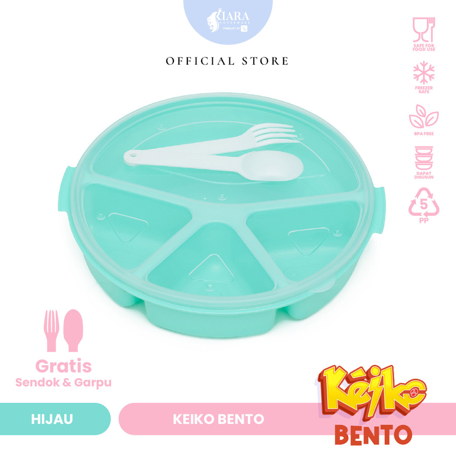 CJP Kiara - Keiko Lunch Box Bulat Bekal Anak Sekat 3 Free Sendok Garpu