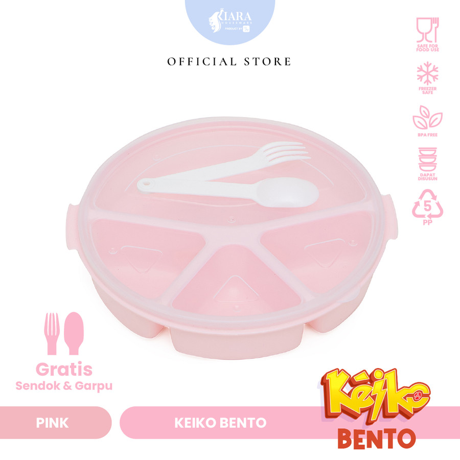 CJP Kiara - Keiko Lunch Box Bulat Bekal Anak Sekat 3 Free Sendok Garpu