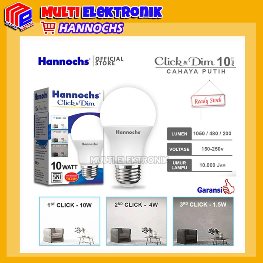 Hannochs Lampu LED Click & Dim 10 watt - 3 tingkat kecerahan