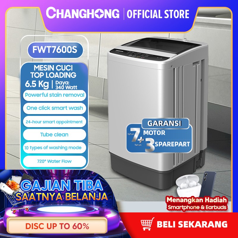 Changhong Mesin Cuci 1 Tabung 6.5 KG Washing Machine FWT7600S