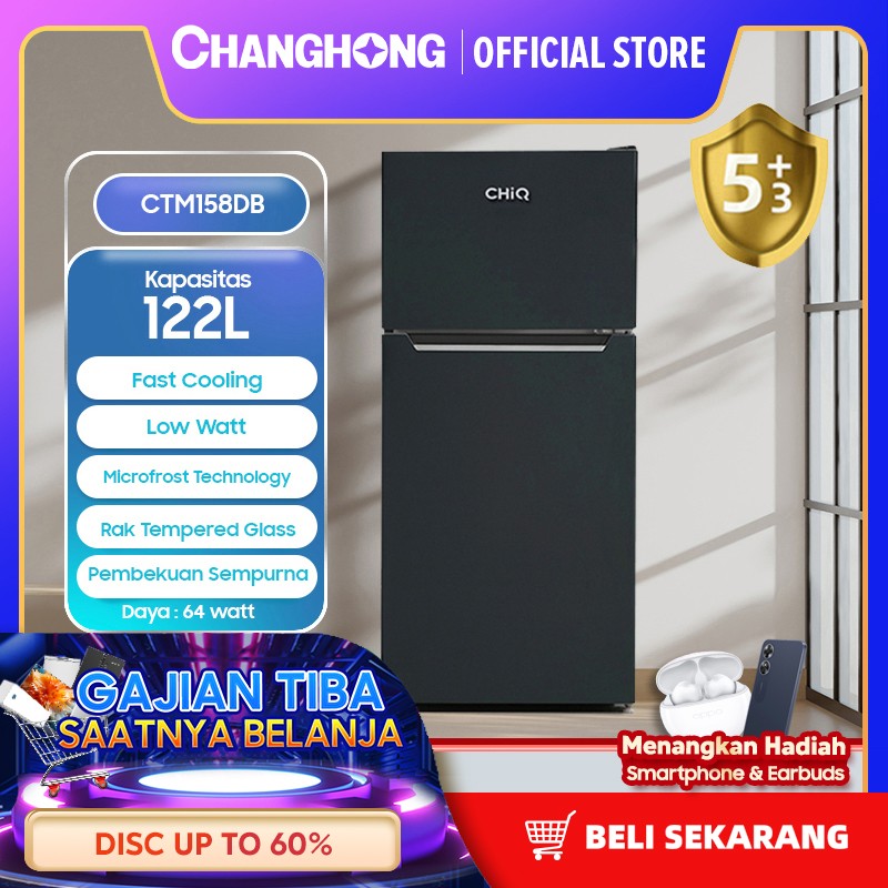 New CHiQ KULKAS LEMARI ES 2 PINTU CTM158DB 122 Liter