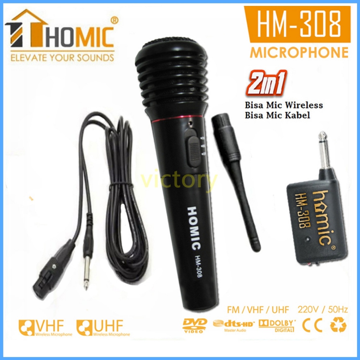 Homic HM308 Mic wireless 2IN1 Bisa Kabel dan Wireless