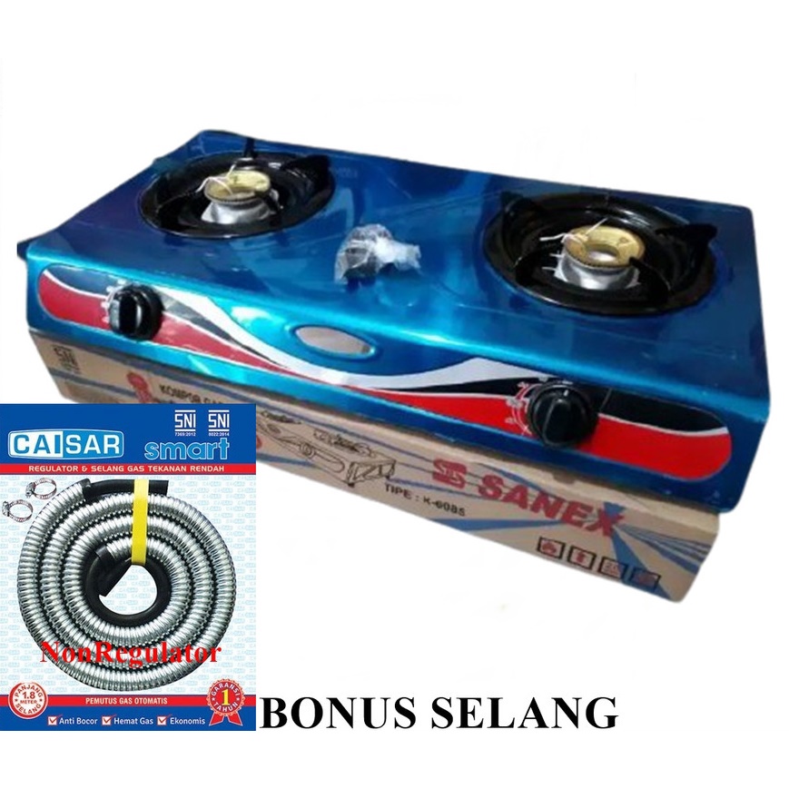 KOMPOR GAS SANEX 2 TUNGKU BODY STAINLESS + BONUS SELANG