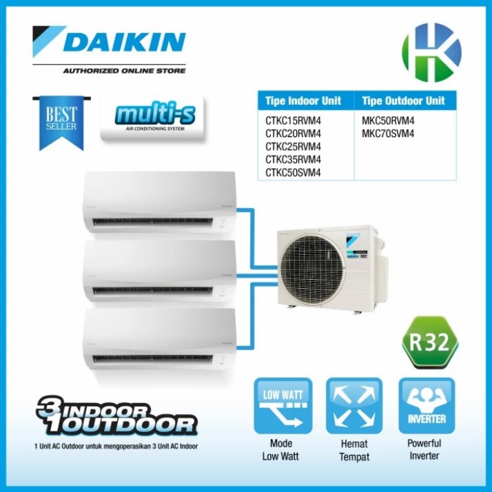 Jual AC Daikin MULTI S 3 (1/2, 1, 1) PK INVERTER MKC70SVM4 | Renos
