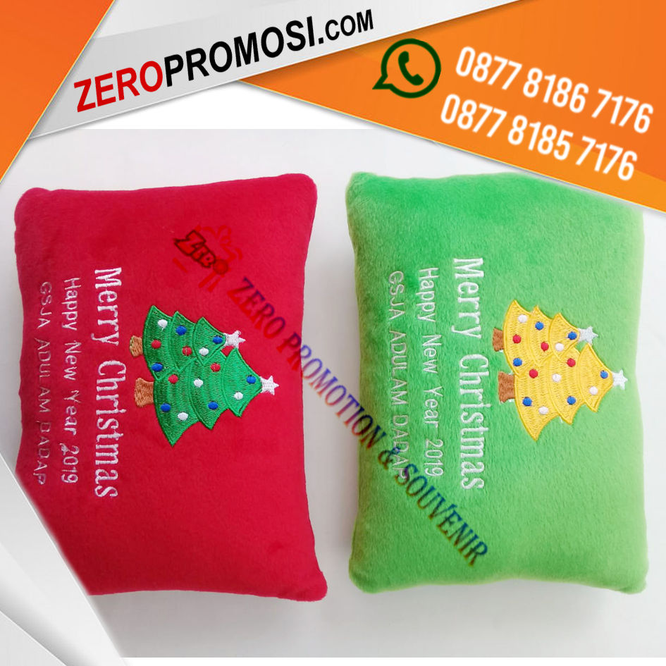Hadiah Istimewa Souvenir Bantal Kotak Natal dengan Bordir Logo Unik