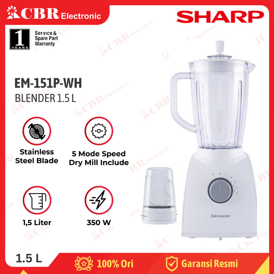 Blender SHARP EM-151P-WH (1.5L / Plastik / Dry Mill)