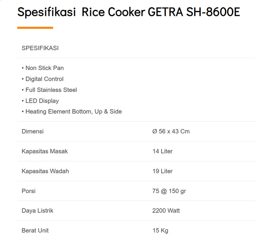 Rice Cooker GETRA 14 Liter SH-8600E