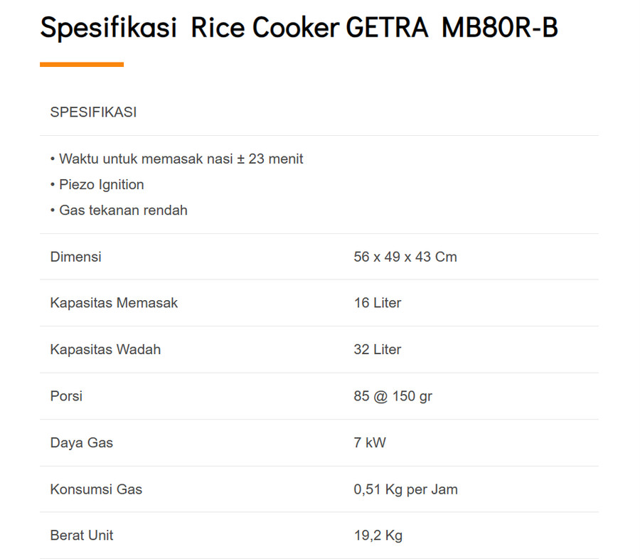 Rice Cooker GETRA 14 Liter MB80R-B (Gas)
