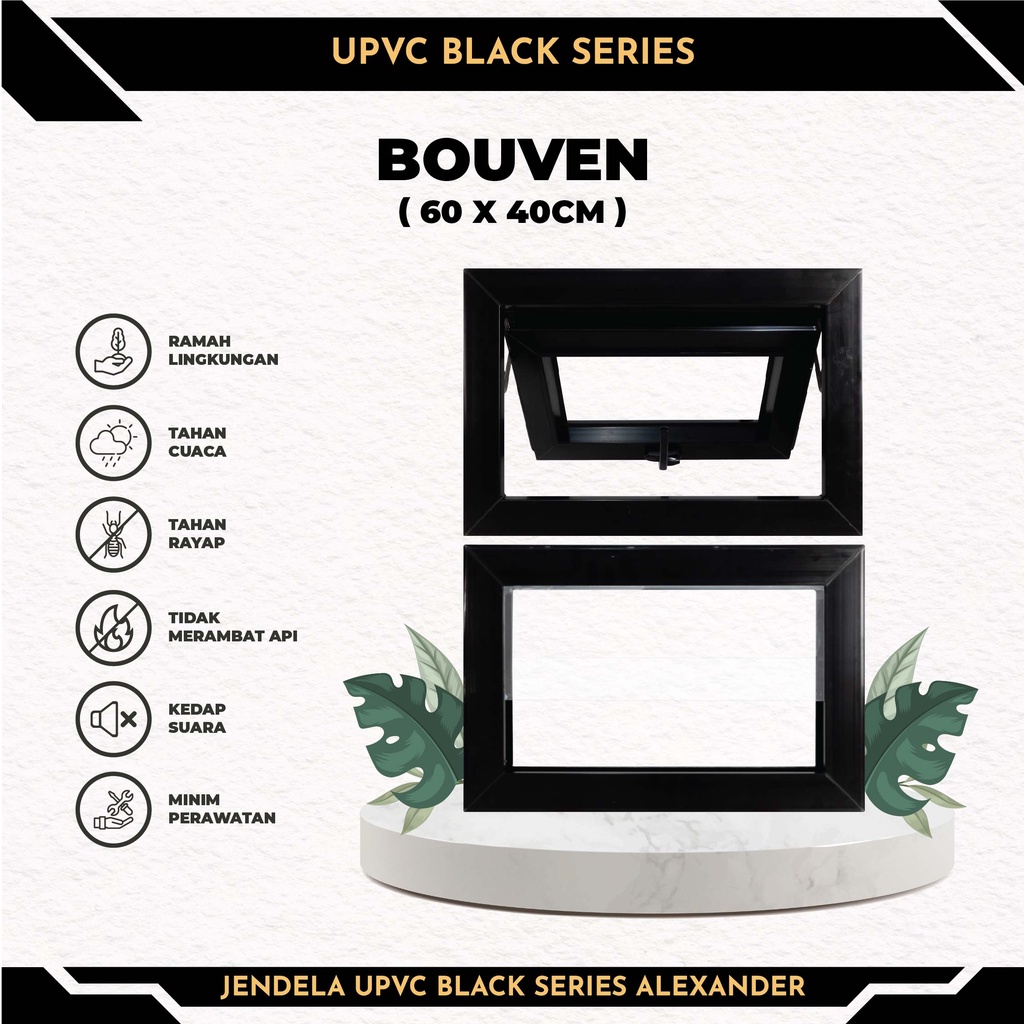 Jendela UPVC Hitam Alexander Perkasa Bouven Awning atau Selip 60x40cm