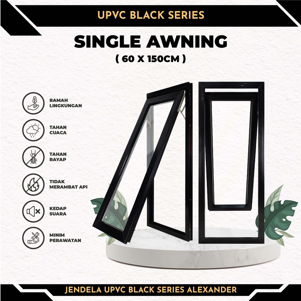 Jendela UPVC Hitam Alexander Perkasa Single Awning/Jungkit 60x150cm