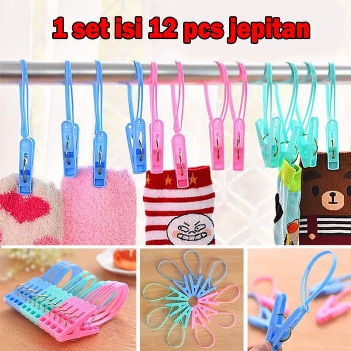 Jepit Jemuran Dengan Tali Penjepit Set Klip Gantung isi 12 Clip - RANDOM-CLIP