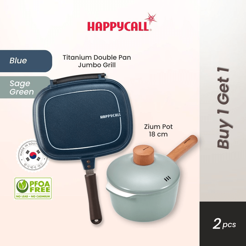 Happycall Titanium Double Pan Jumbo Grill Blue FREE Zium Pot IH 18cm - Alat Panggang dan Panci Anti Lengket - Buy 1 get 1 FREE