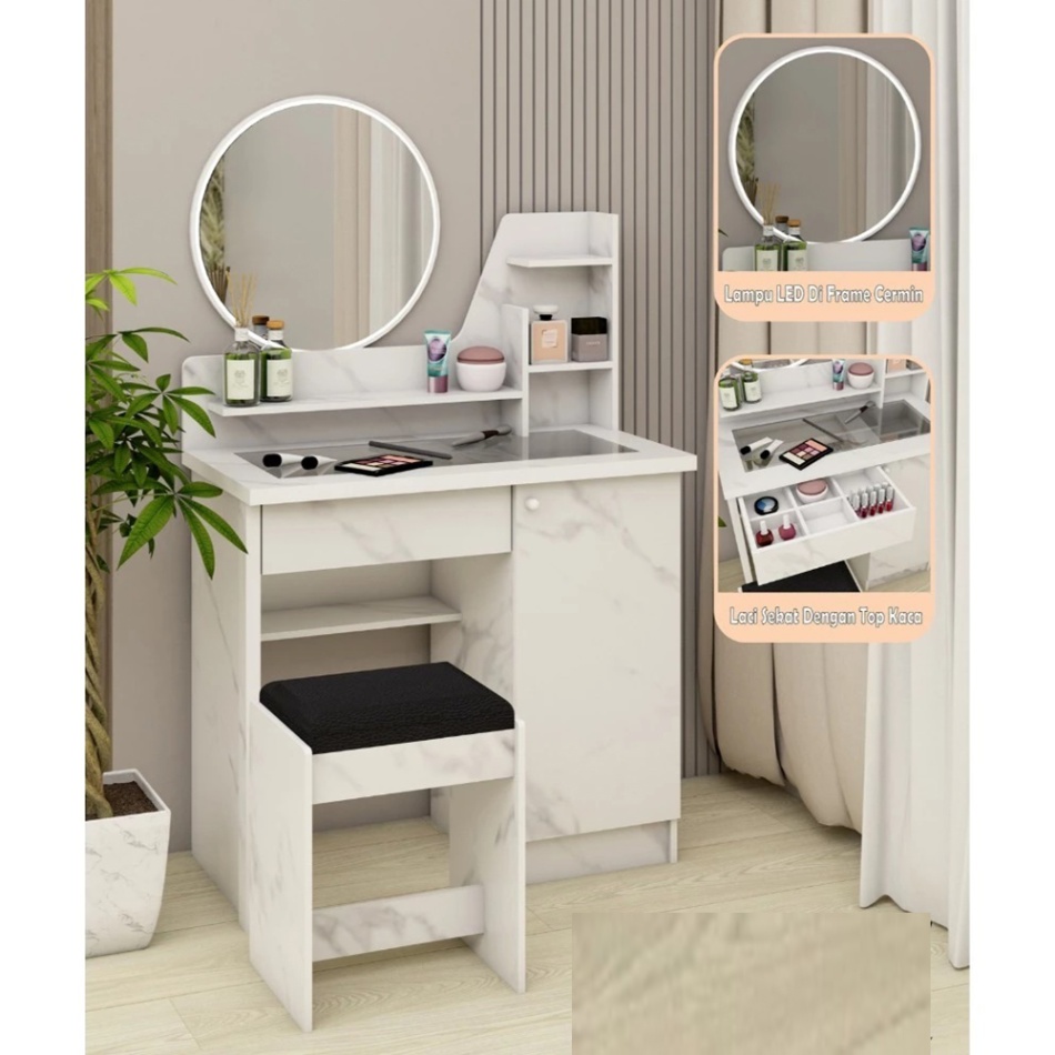 CREOVA MEJA RIAS Cermin Bulat + Stool