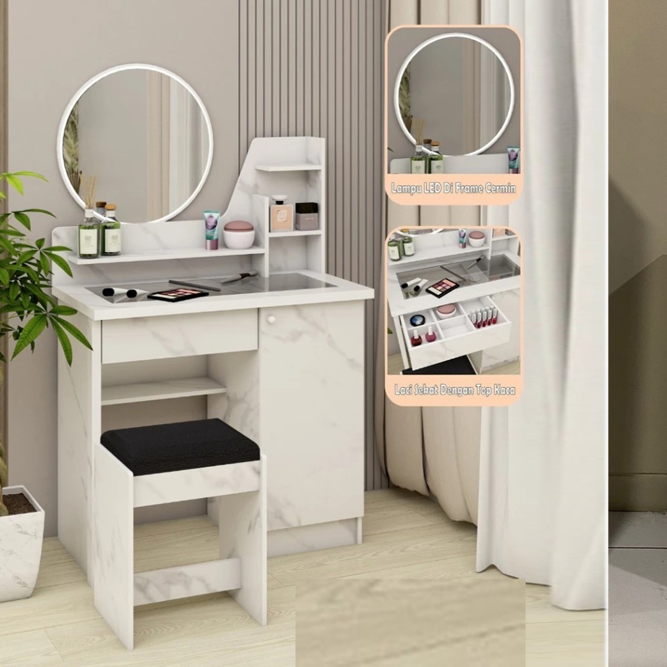 CREOVA MEJA RIAS Cermin Bulat + Stool