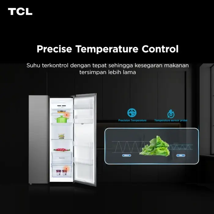 TCL Kulkas 2 Pintu Side by Side - 633L - No Frost - Inverter (P850SBS)