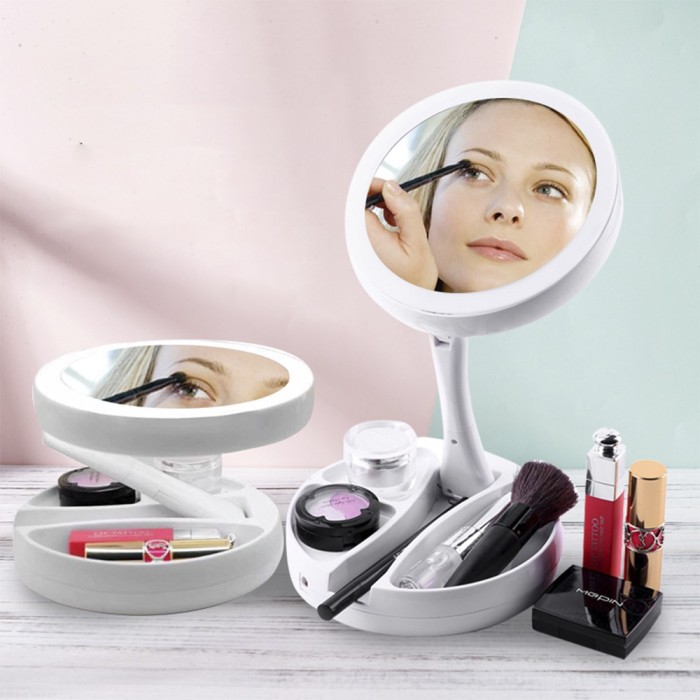 Kaca Lampu LED Cermin Meja Rias Make Up Double Side Bulat Tebal