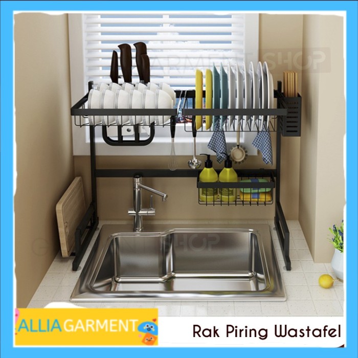 Rak Piring Dapur Stainless steel 65cm Rak Wastafel 2 Susun Kokoh Kuat