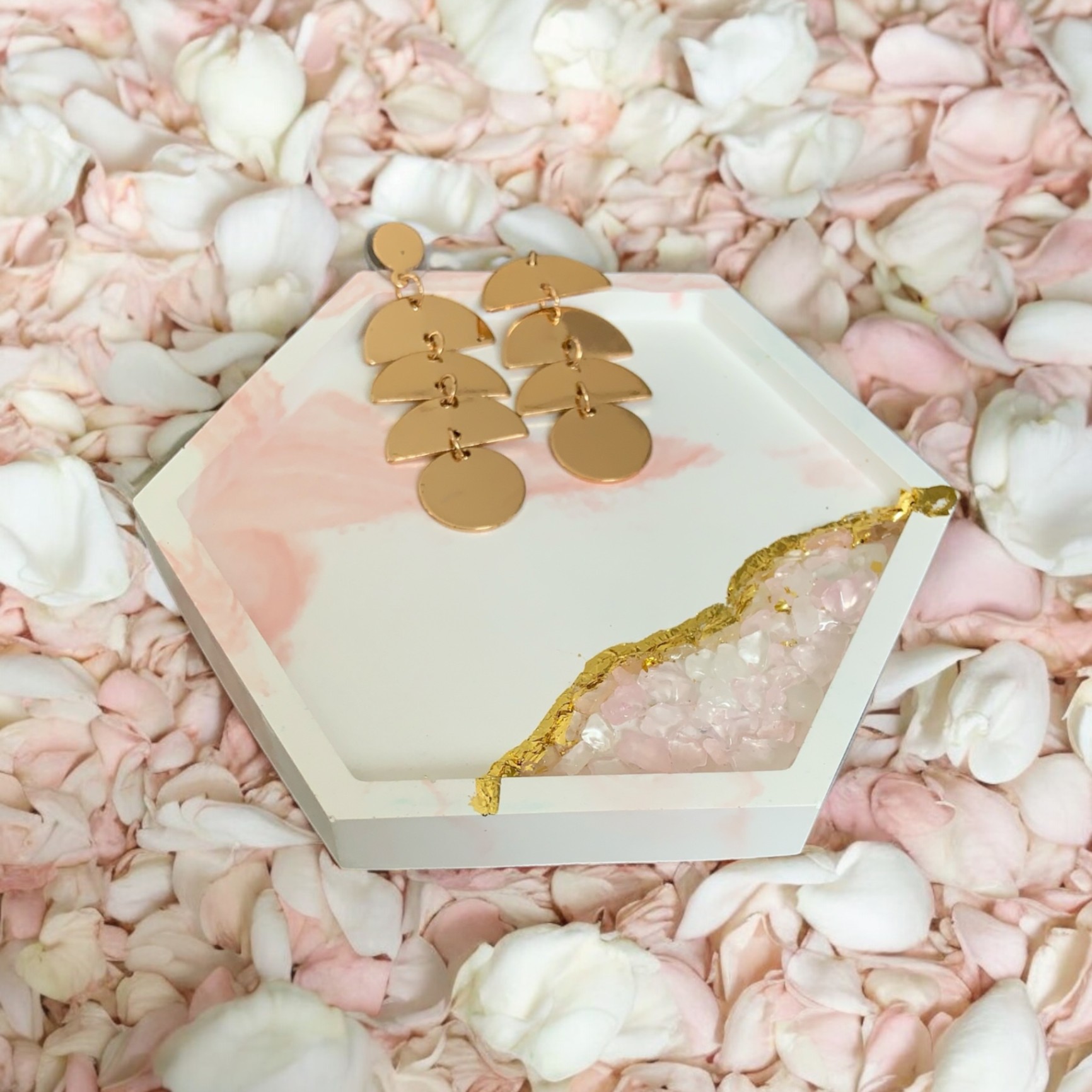 Tempat Perhiasan Elegan Hexa Tray Rose Quartz Crystal Gemstone