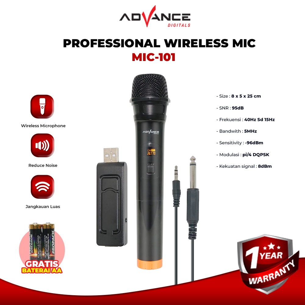 Advance Professional Wireless Microphone Single Mikropon MIC101 Garansi Resmi Advance 1 Tahun