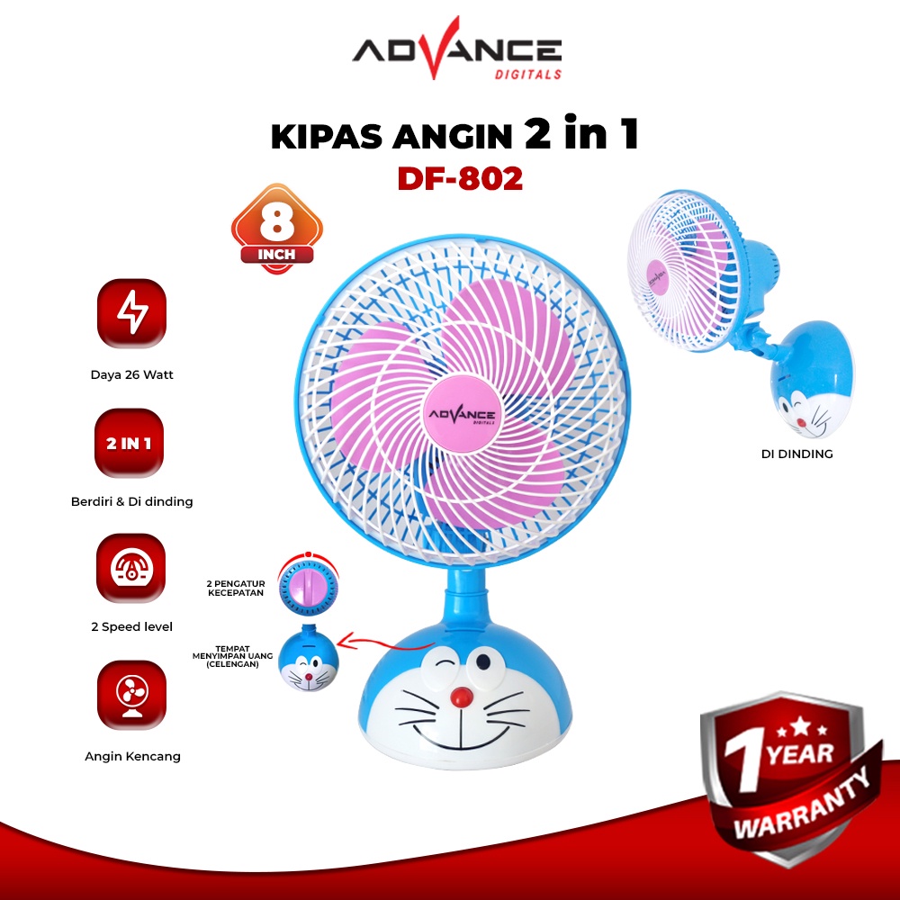 Kipas Angin 8" Karakter Advance DF-802 2in1 Kipas Dinding Kipas Meja Doraemon