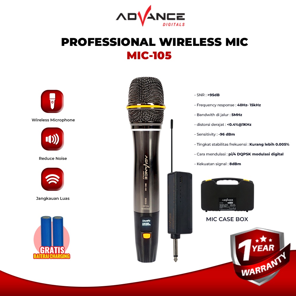 Advance Mic-105 Microphone Profesional Mic Wireless Gold Bisa di Charger Metalic Silver / Garansi 1 tahun
