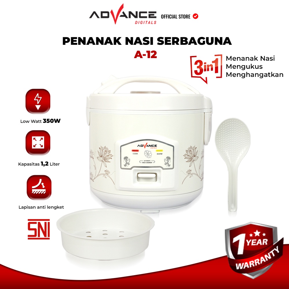 Rice Cooker Advance A12/A20 1,2 Liter / 1,8 Liter Penanak Nasi 350 Watt dan Kukusan 3in 1 Magic Com Garansi 1 Tahun