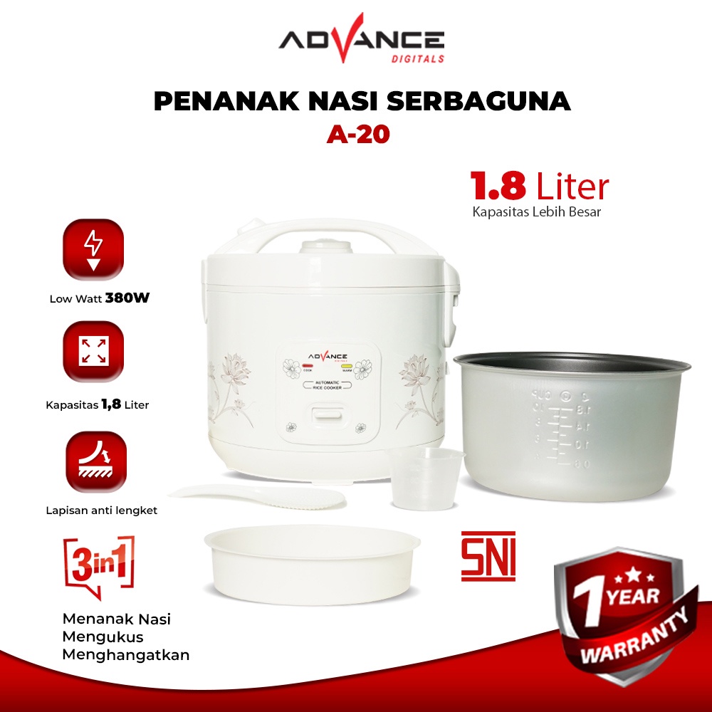 Advance A20 Rice Cooker Mini 1.8Liter Penanak Nasi Serbaguna 3 in 1 Magic Com Garansi 1 Tahun