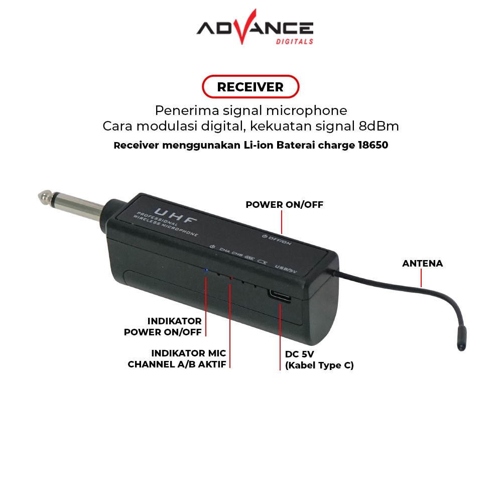 Advance Mic-105 Microphone Profesional Mic Wireless Gold Bisa di Charger Metalic Silver / Garansi 1 tahun