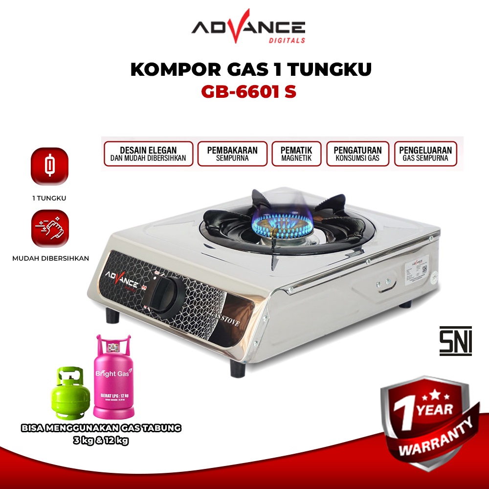 Kompor Gas Advance 1 Tungku GB6601S Body Full Stainless Steel kompor Api Biru