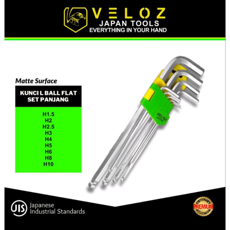 VELOZ kunci L BALL - FLAT 9 pc extra long hex segi 6 ballpoint balpoin