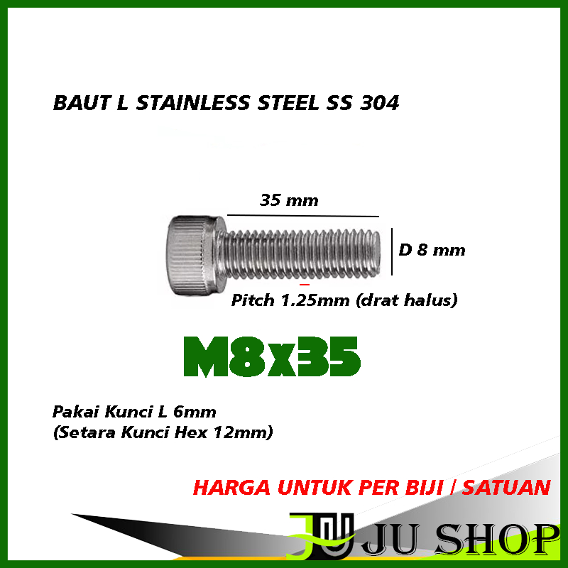 baut L M8 X 35 stainless steel SS304 (harga per biji)