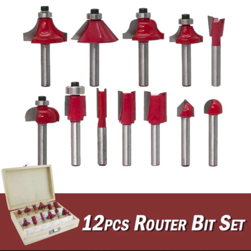 Mata Profil kayu Set 12pcs Trimmer Router Bits Set 1/4” Kayu Router Mailtank Woodworking Shank
