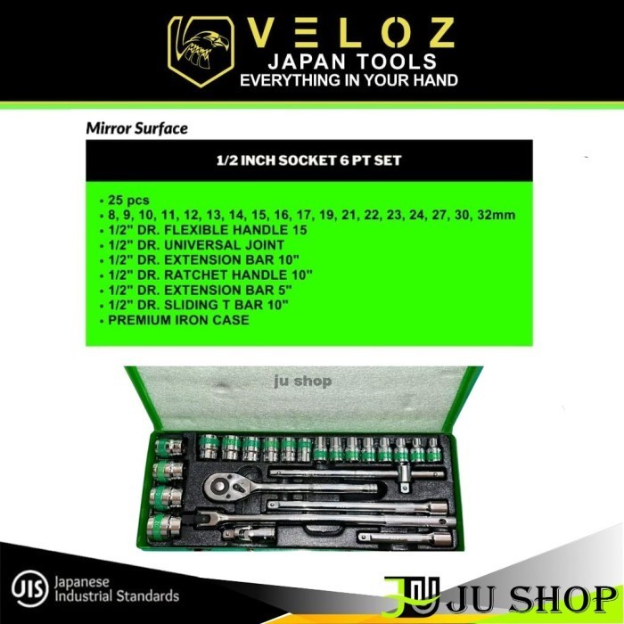 VELOZ kunci SOCK SET 25 PCS (8-32MM) 1/2" 6PT hand sock sok box besi