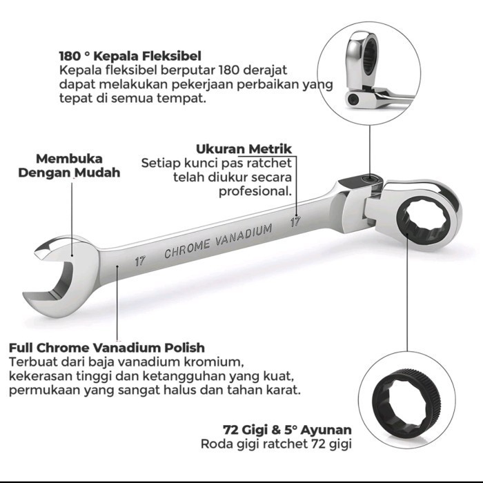 (NB-FLX) kunci ring pas RATCHET FLEXIBLE 8/10/12/14MM bolak balik krek