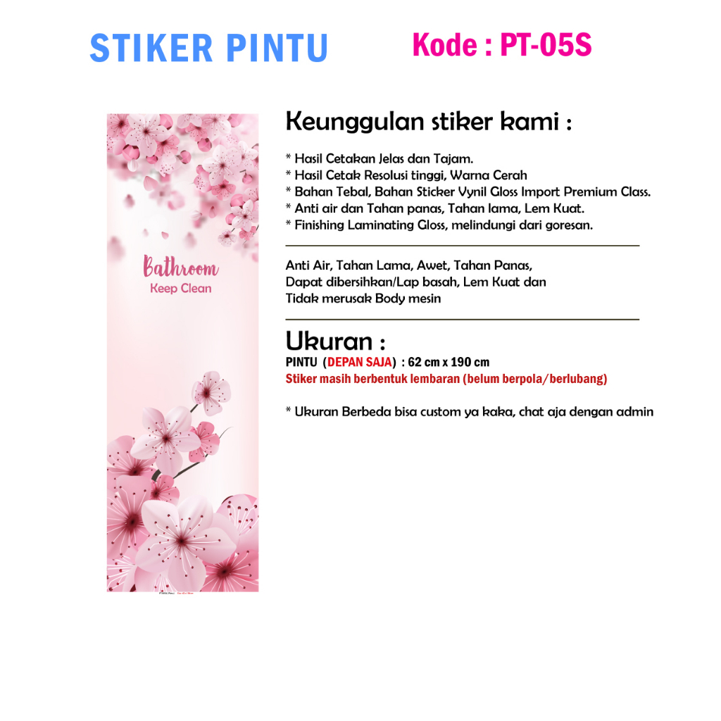 Stiker Pintu Kamar Mandi Motif Bunga Pink