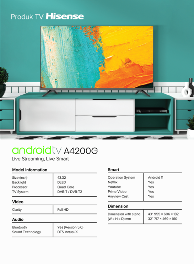 HISENSE ANDROID TV 32A4200, 43A4200 FULL HD DVBT2 FREE BRACKET* SPMA