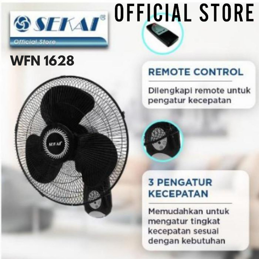 SEKAI Kipas Angin Wall Fan - WFN 1628 with Remote Control - Black