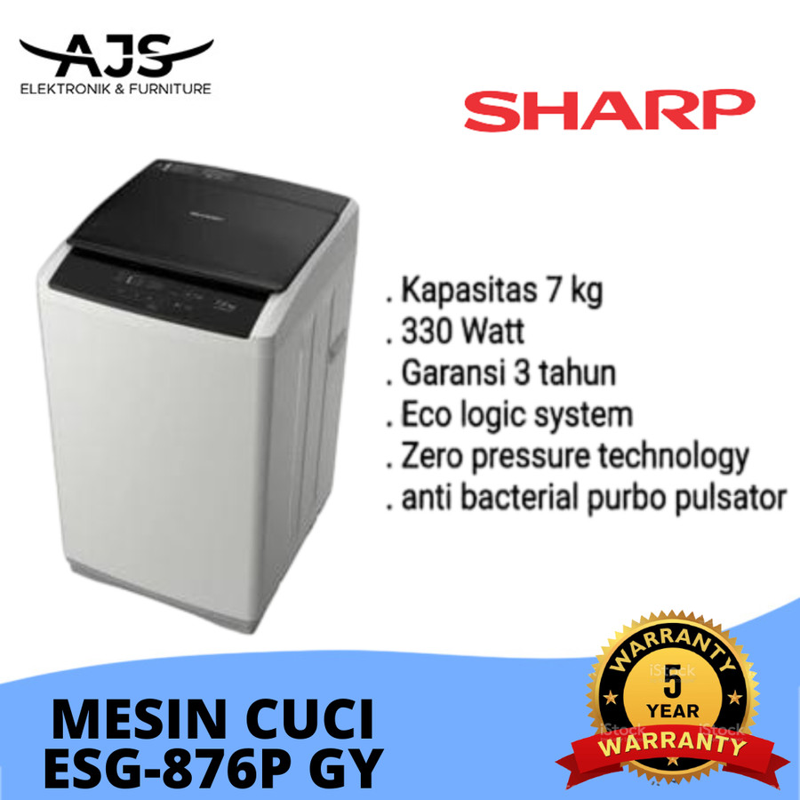 Mesin Cuci 1 Tabung Sharp ESG 876 P GY 7KG Quick Wash GARANSI RESMI - ESM7000 typbaru