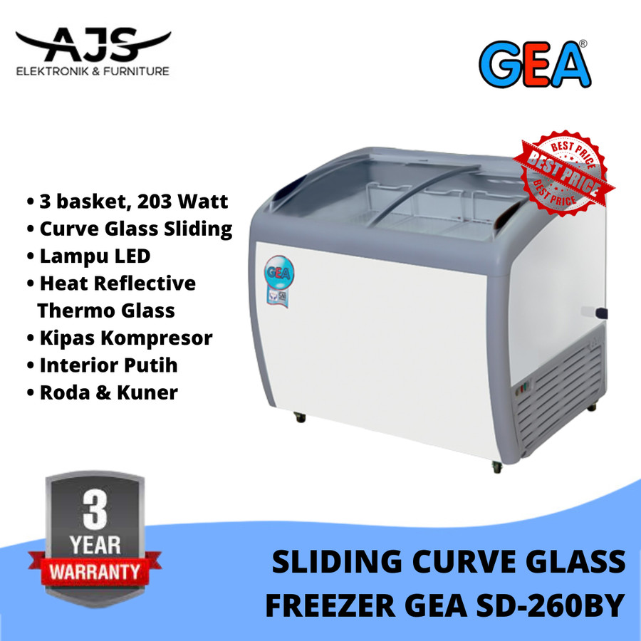 Sliding Curve Glass Freezer GEA SD 260BY 260 Liter Kaca Lengung