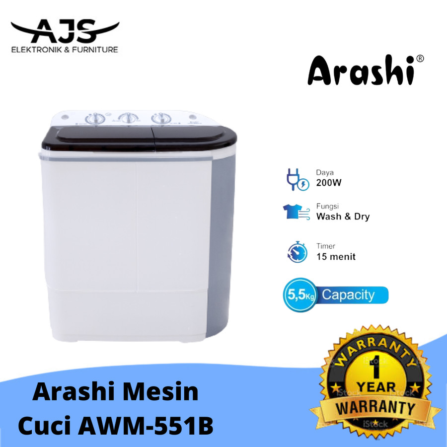 Mesin Cuci 2 Tabung ARASHI AWM 551B 5.5 Kg - ARASHI Laundry AWM 551 B