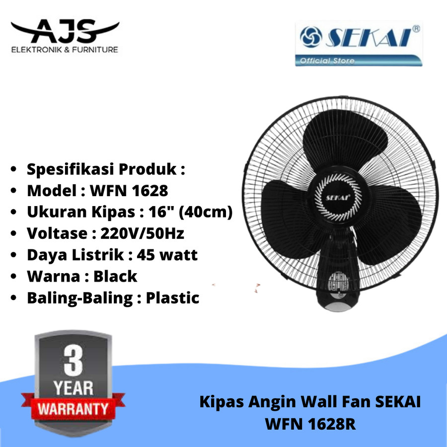 SEKAI Kipas Angin Wall Fan - WFN 1628 with Remote Control - Black