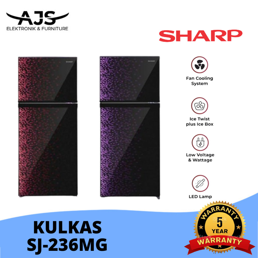 Kulkas 2 Pintu Sharp 236 MG Glossy Door Shine Low Watt Tanpa Bunga Es