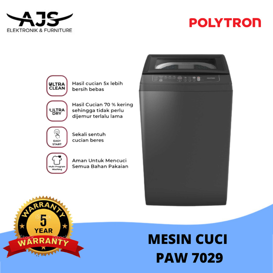 MESIN CUCI 1 TABUNG POLYTRON PAW 7029 Y TOP LOADING 7 KG ZEROMATIC