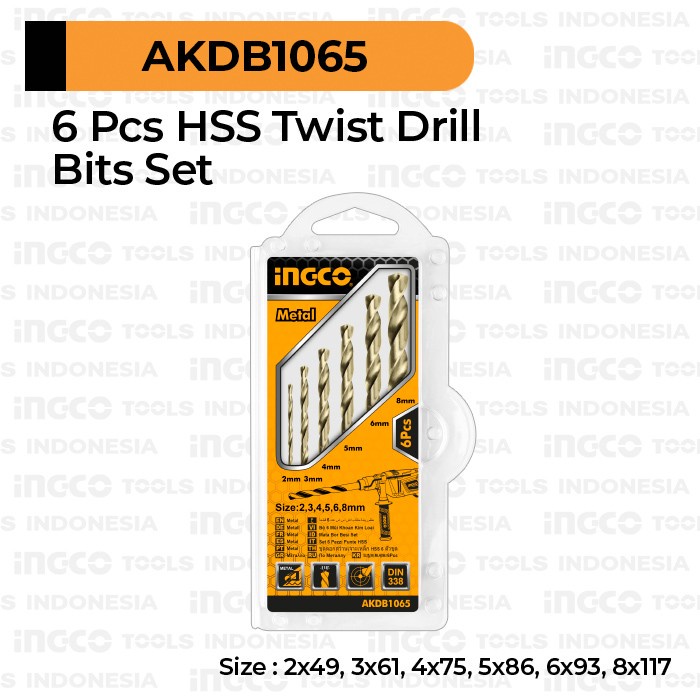 Mata Bor Besi 2-8mm Set 6pcs INGCO / HSS Twist Drill Bits AKDB1065
