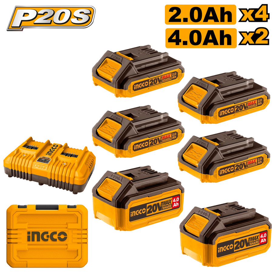 PAKET Baterai Charger x7pcs Set 4.0Ah 2.0Ah 20V Dual Rapid Fast 4A INGCO COSLI230701 Battery 4AH 2AH P20S